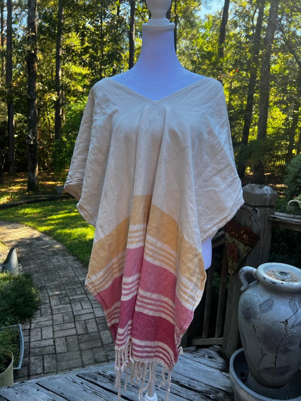 Tribe Alive Poncho Cream Pink Yellow Striped Fringe V Neck Boho Poncho